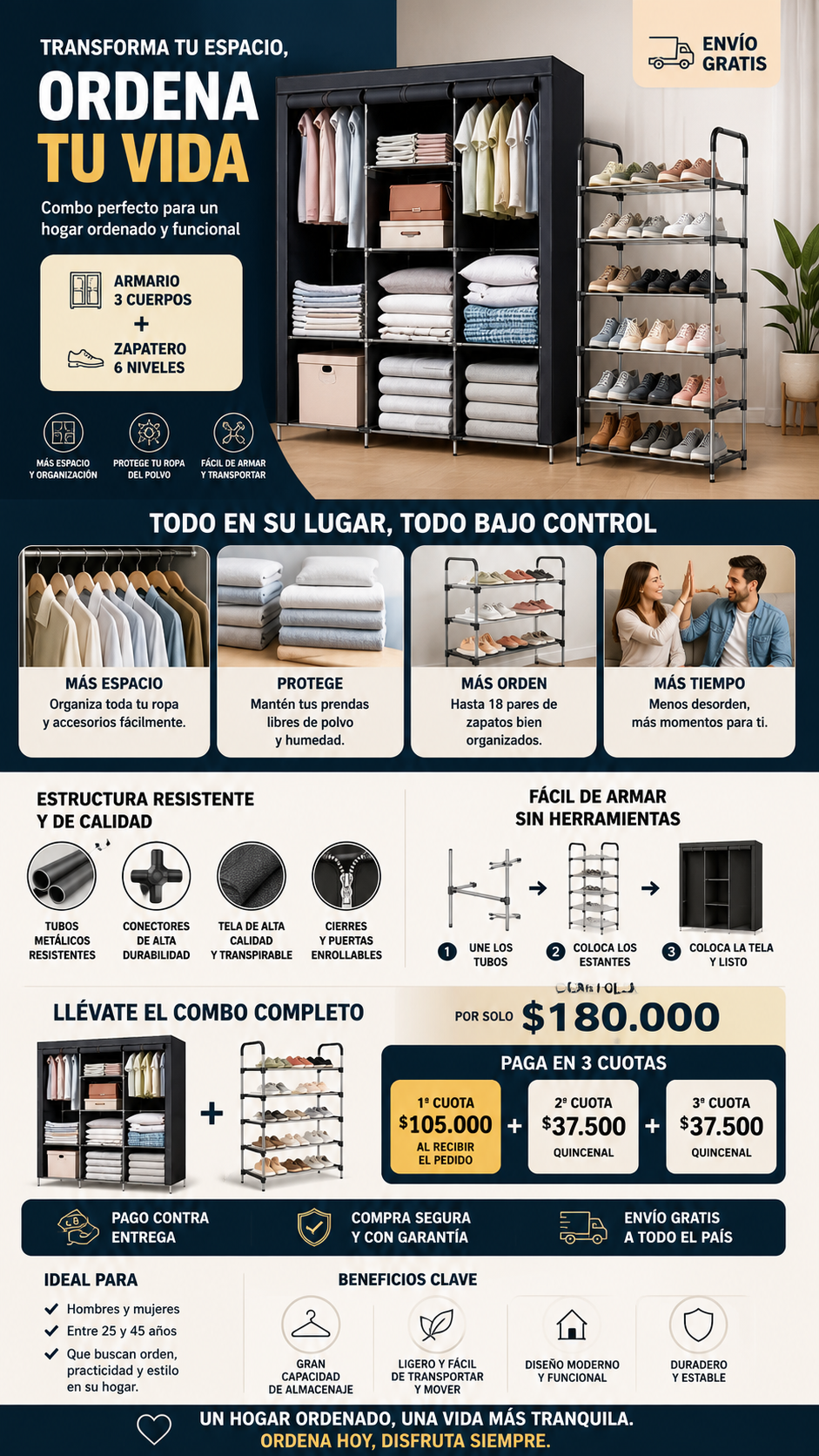 Combo Armario 3 Cuerpos + Zapatero 6 Niveles. PAGAS 105.000 AL RECIBIR Y 2 CUOTAS DE 37.500