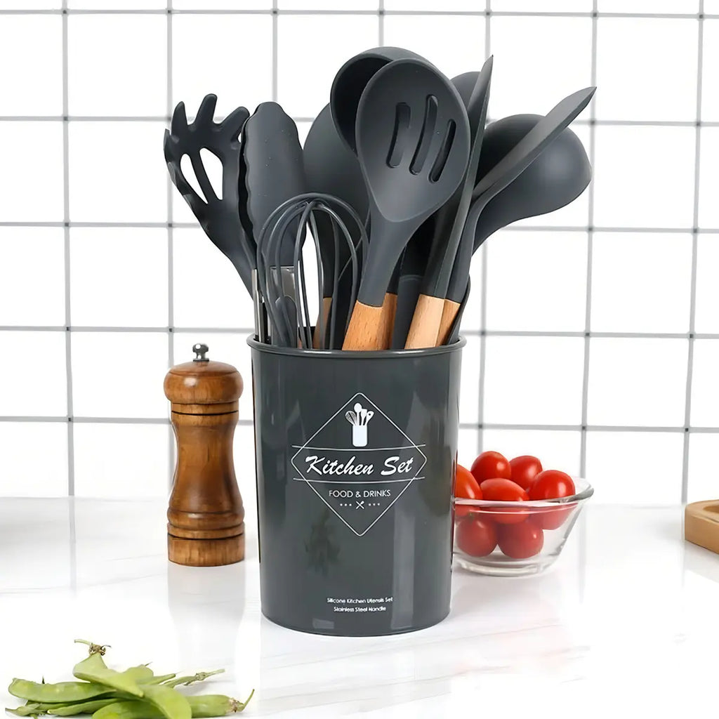 Kitchen Set Utensilios Cocina 12 Piezas Silicona Elegantes Gris