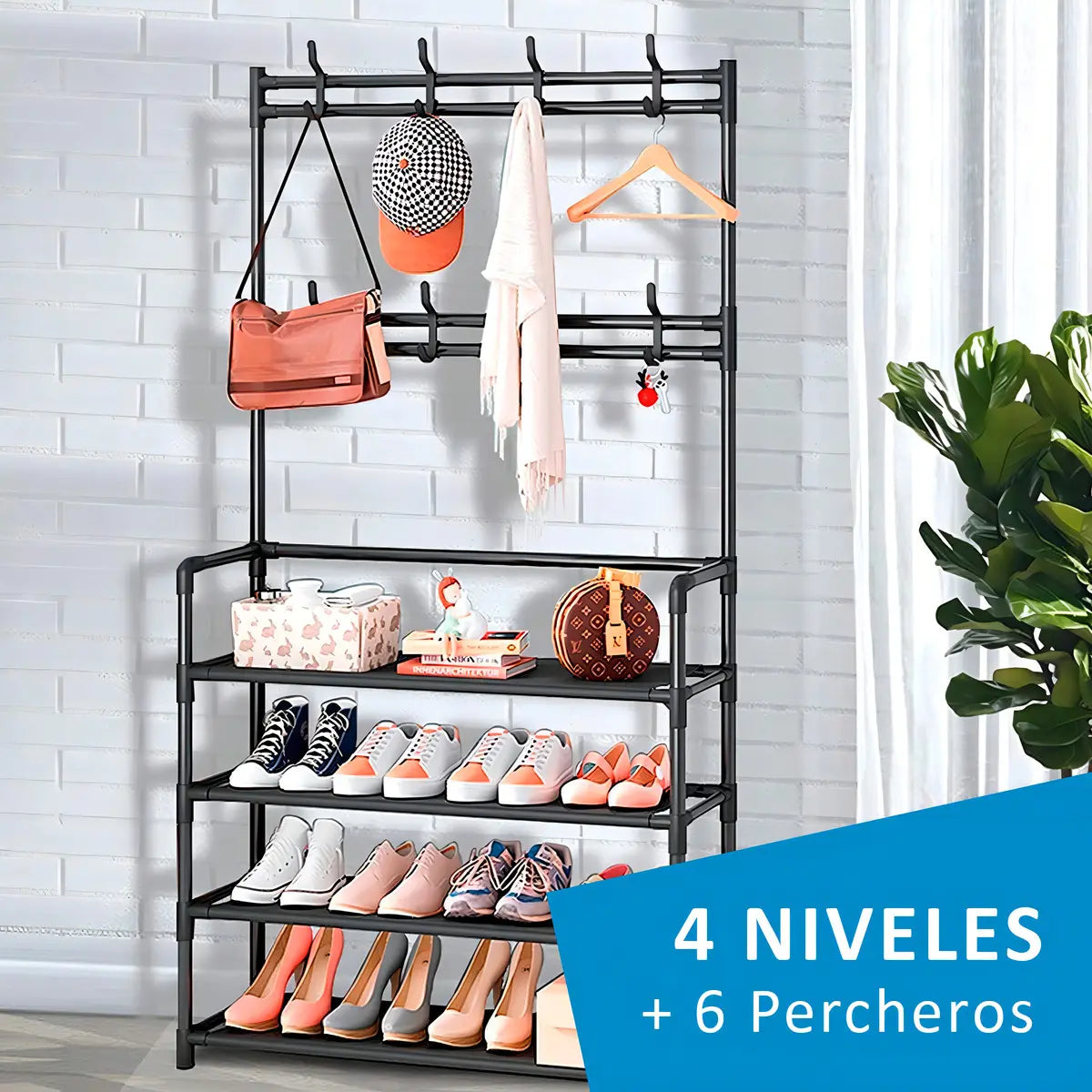 Simple Lifestyle Mueble Organizador Perchero Zapatero 12 Ganchos Negro