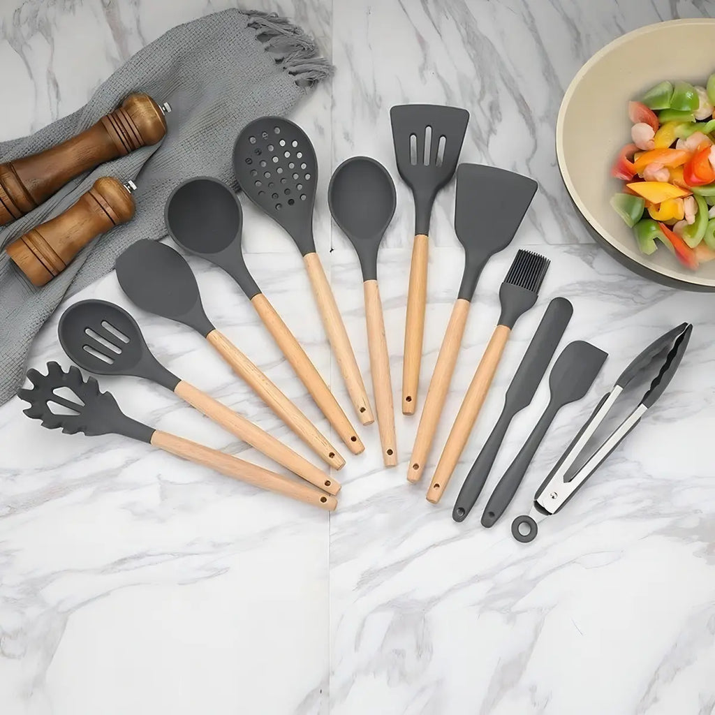Kitchen Set Utensilios Cocina 12 Piezas Silicona Elegantes Gris