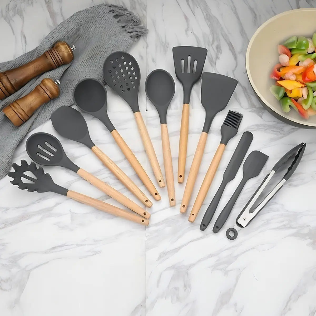 Kitchen Set Utensilios Cocina 12 Piezas Silicona Elegantes Gris