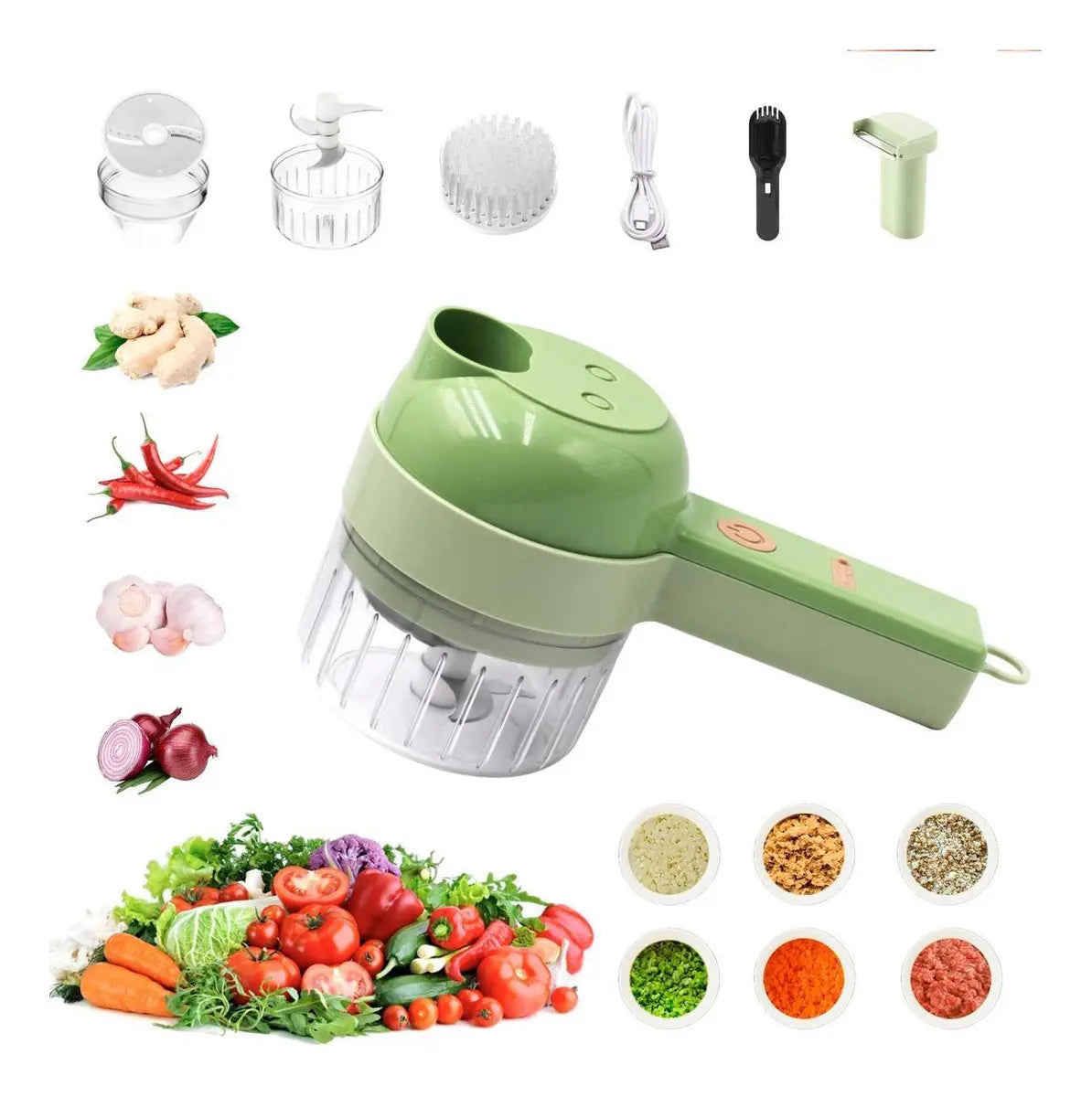 Guiro Picador de Verduras Eléctrico Multifuncional 4 en 1 250ml Verde