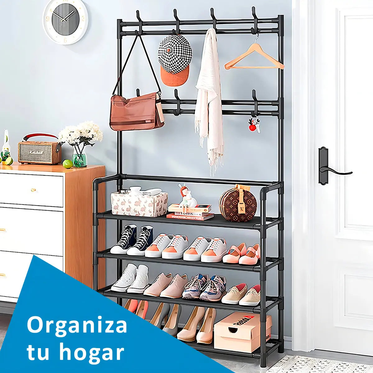 Simple Lifestyle Mueble Organizador Perchero Zapatero 12 Ganchos Negro