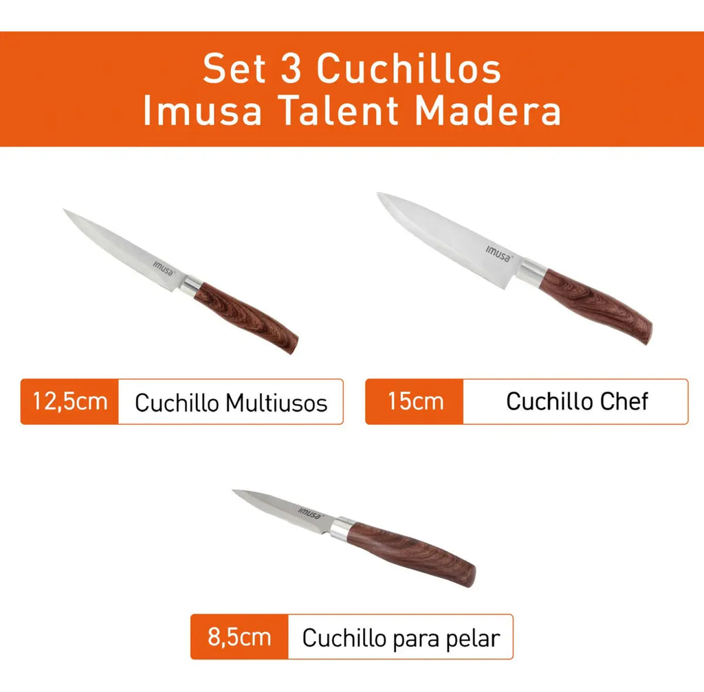 Imusa Talent Set de 3 Cuchillos Mango Acabado Madera