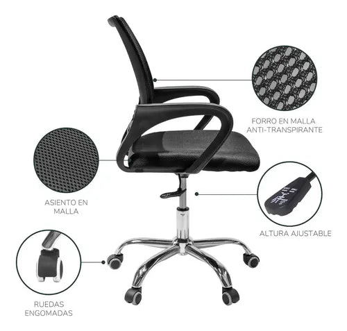Silla Ejecutiva Ergonómica Base Cromada Malla Transpirable Negra