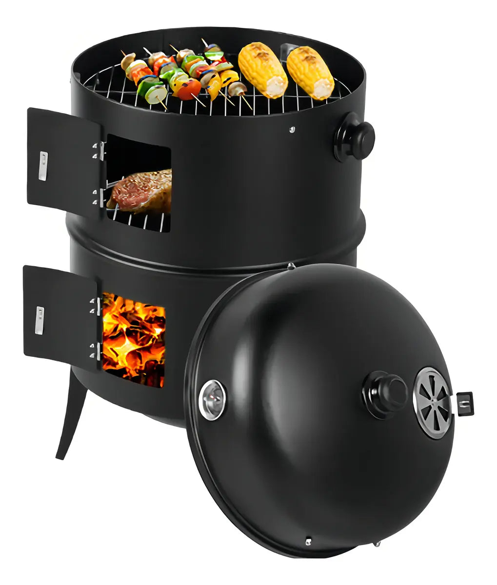 Grill Asador Barril Portátil 3 En 1 Ahumador Parrilla Negro