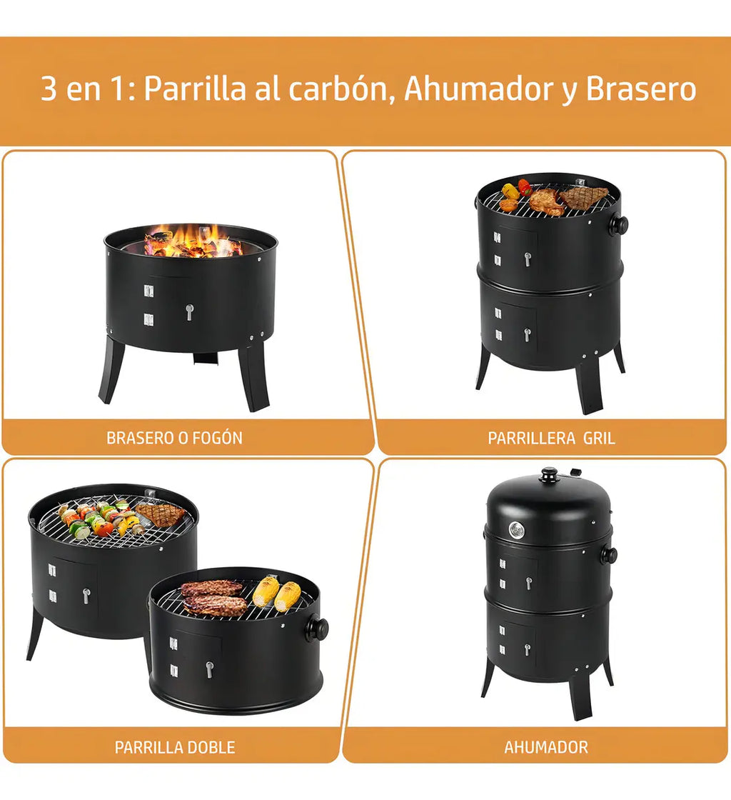 Grill Asador Barril Portátil 3 En 1 Ahumador Parrilla Negro
