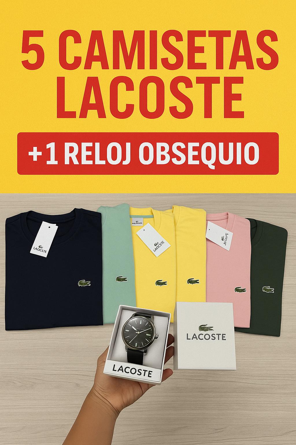 Lacoste Kit de 5 Camisetas Algodón Licrado y Reloj