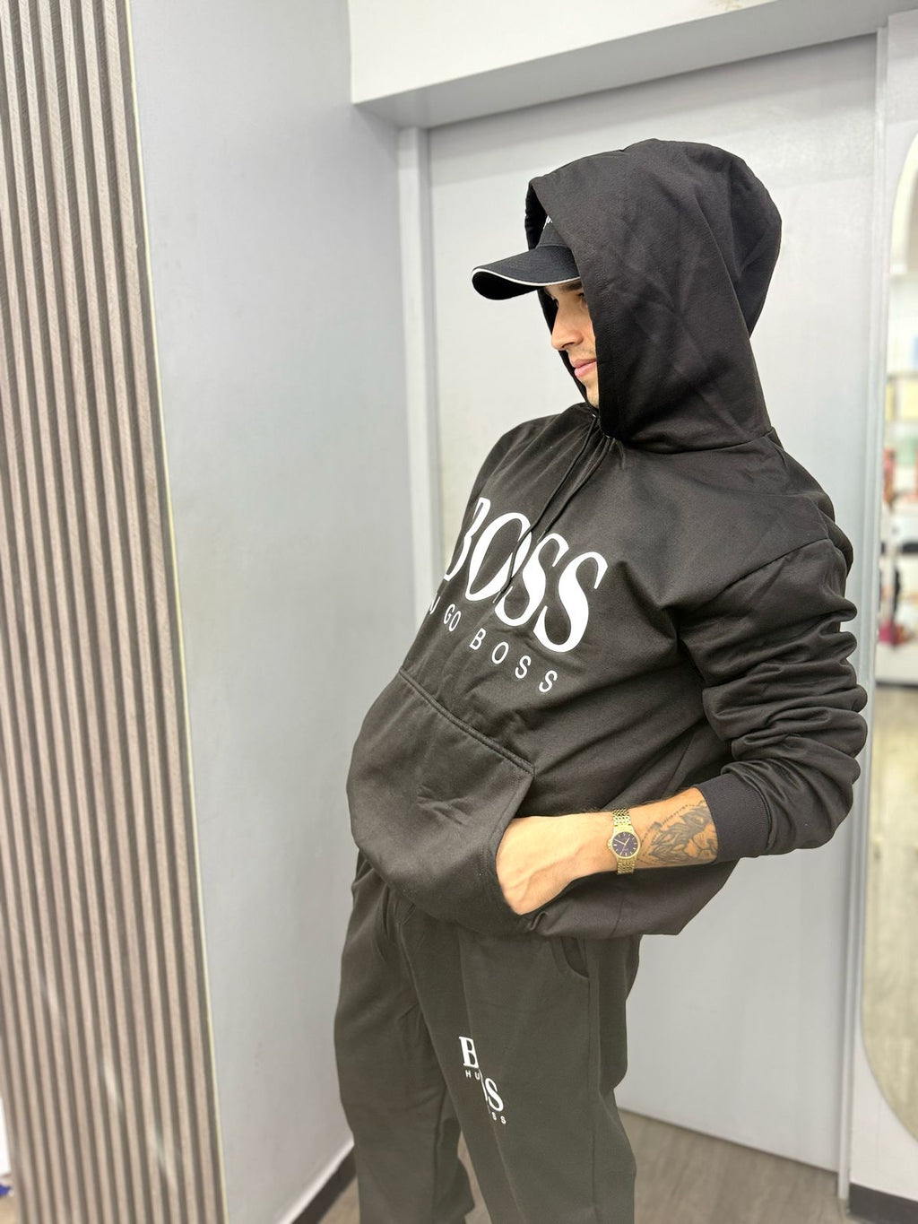Hugo Boss Conjunto Deportivo Algodón Perchado Negro Logo Blanco