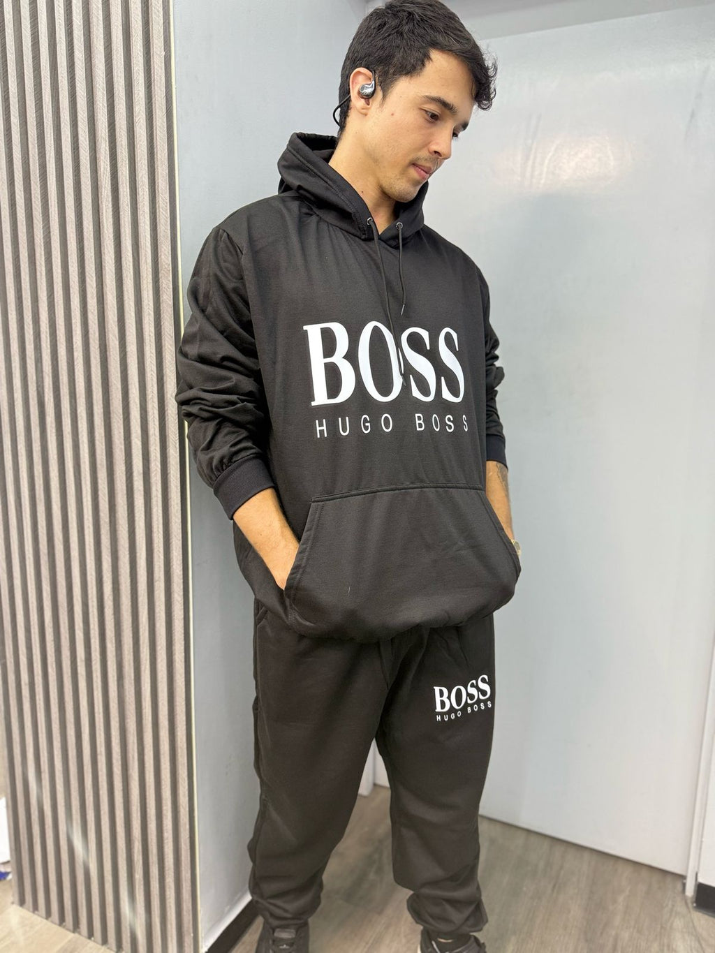 Hugo Boss Conjunto Deportivo Algodón Perchado Negro Logo Blanco