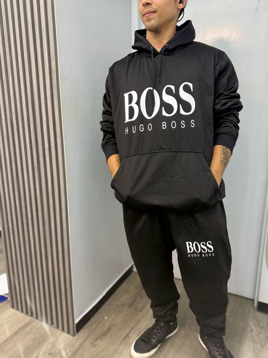 Hugo Boss Conjunto Deportivo Algodón Perchado Negro Logo Blanco